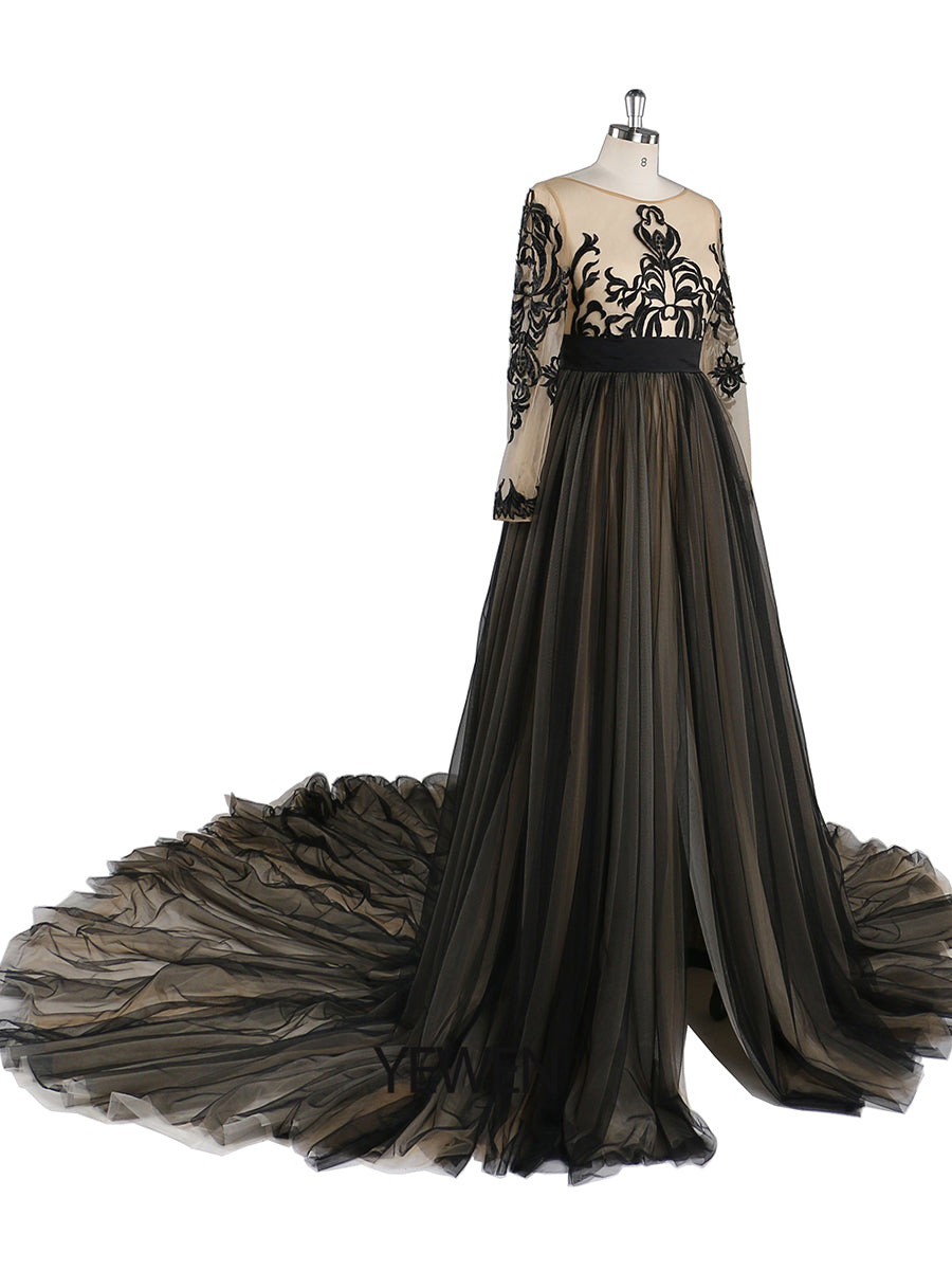 Abendkleid mit langen Ärmeln, 1 m Schleppe, Spitze, Übergröße, Umstandskleid für Fotoshootings, YW21024 