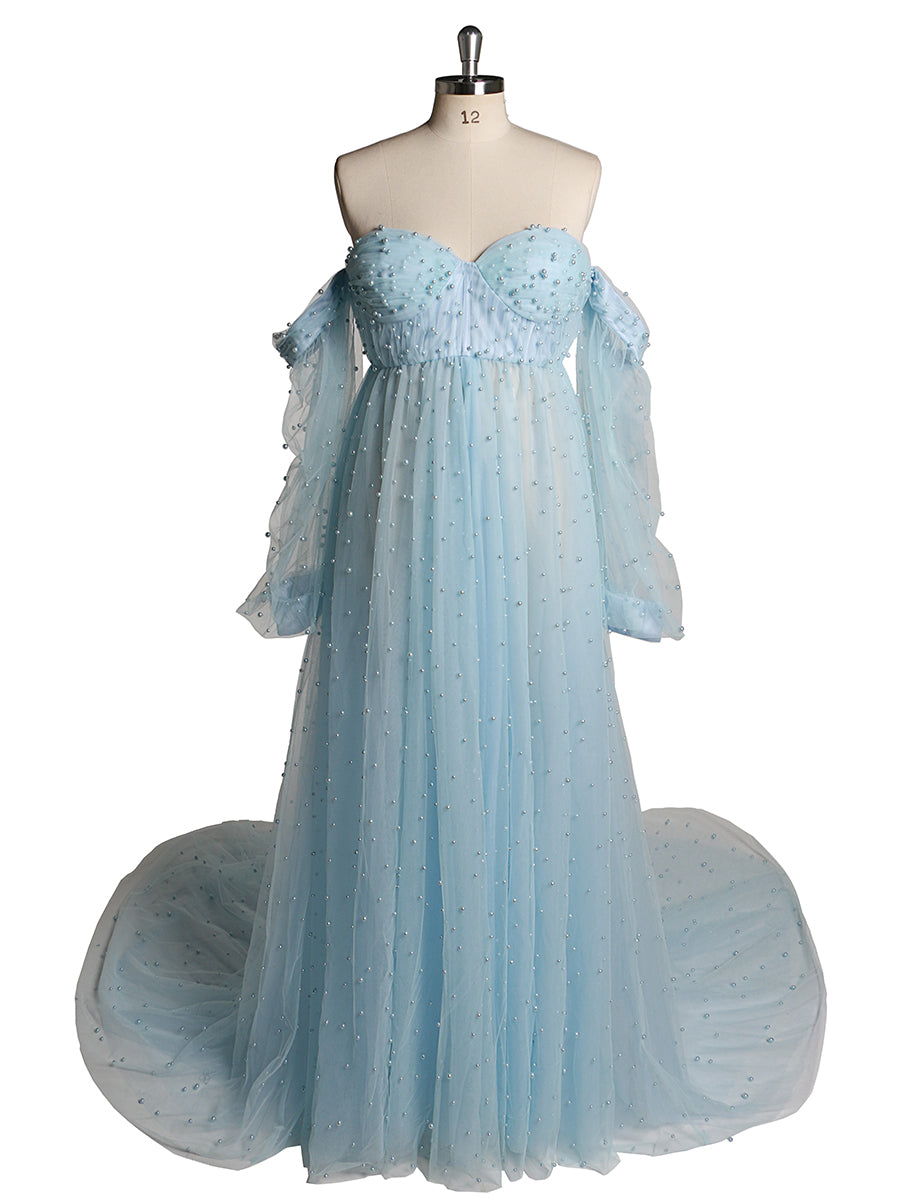 Schulterfreies, elfenbeinfarbenes, langärmliges Umstandskleid mit Perlen vorne und offen, Fotoshooting-Kleid für Damen LT024 
