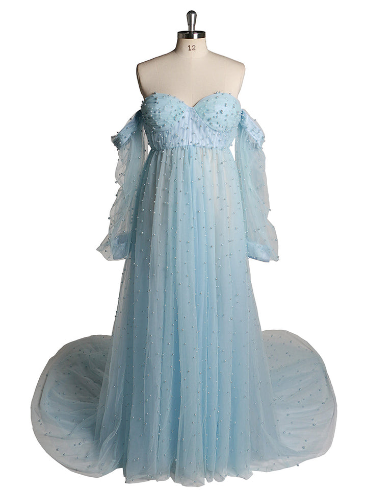 Schulterfreies, elfenbeinfarbenes, langärmliges Umstandskleid mit Perlen vorne und offen, Fotoshooting-Kleid für Damen LT024 
