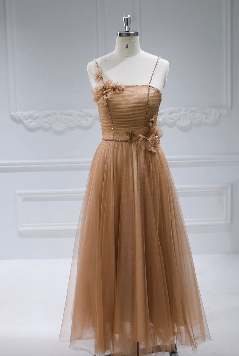 Spaghetti Strap, Glitter Mesh, Ankle Length , Prom Ball Gown 