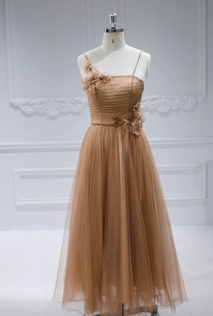 Spaghetti Strap, Glitter Mesh, Ankle Length , Prom Ball Gown 