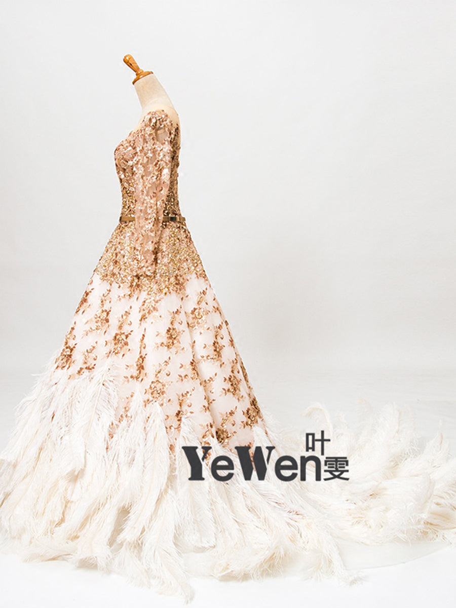 Straußenhaar Luxus Langarm Pailletten Gold Kristall A-Linie Abendkleid Fotoshooting 