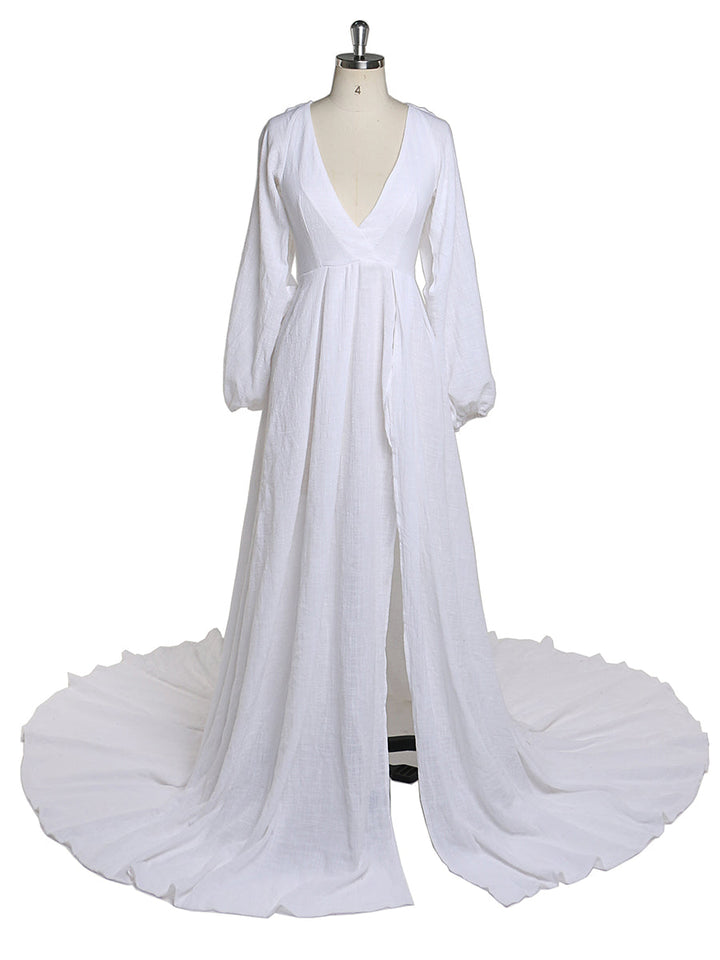 Umstandskleider mit V-Ausschnitt für Fotoshootings, seitlicher Schlitz, Schwangerschaftskleid, Maxikleid aus Baumwolle, YEWEN, Übergröße, YD21218