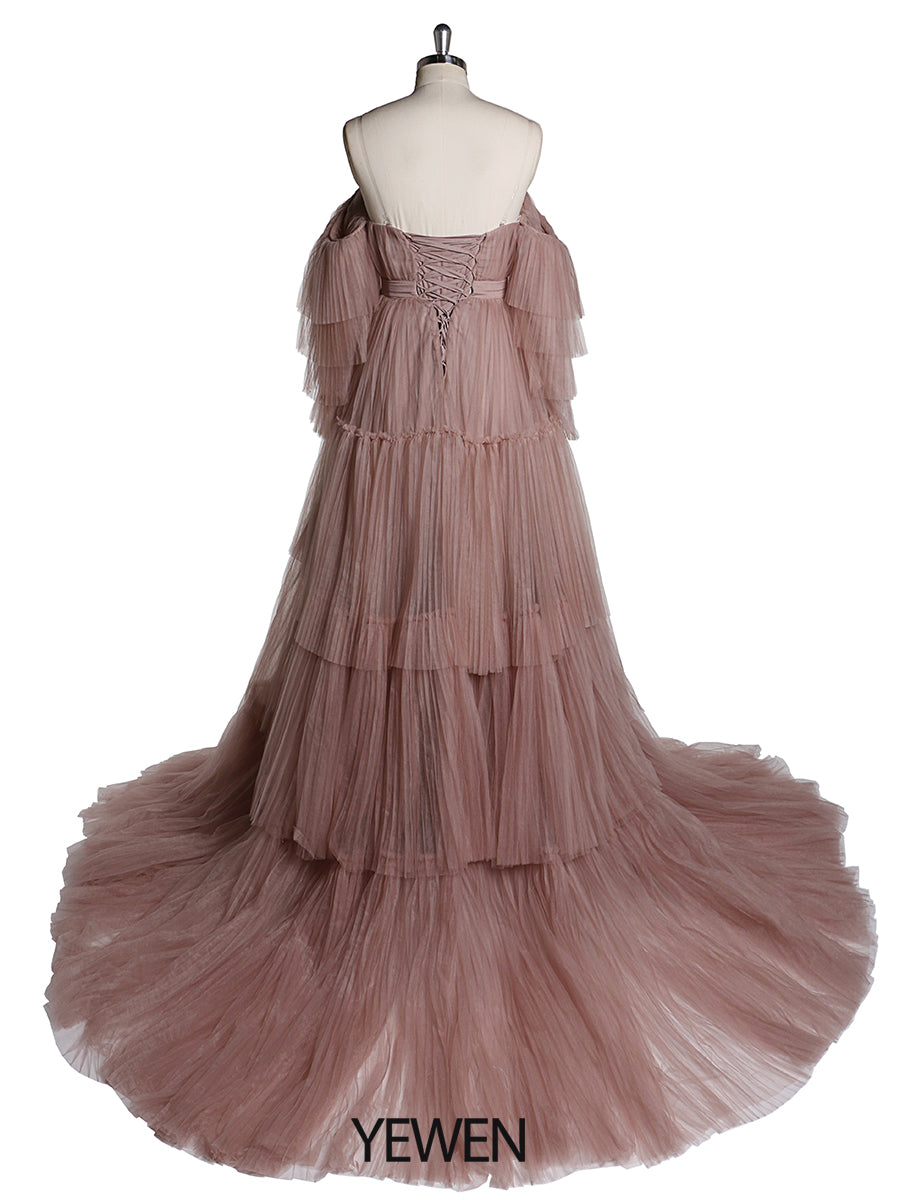 Sexy schulterfreies Umstandskleid mit Rüschen und Schnürung, Abendkleid für Fotoshootings, YW2051 