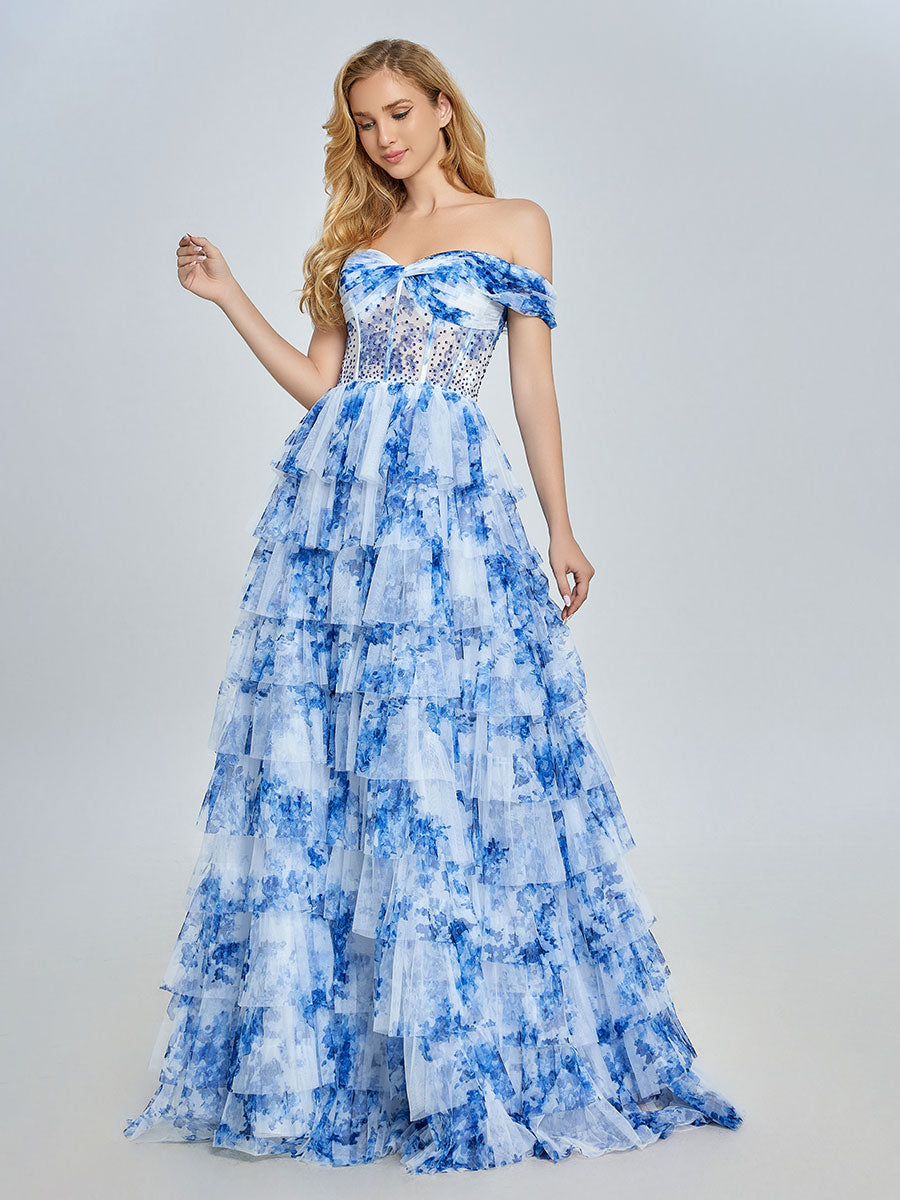 Blaues schulterfreies Ballkleid aus floralem Tüll mit mehreren Lagen YE3025 