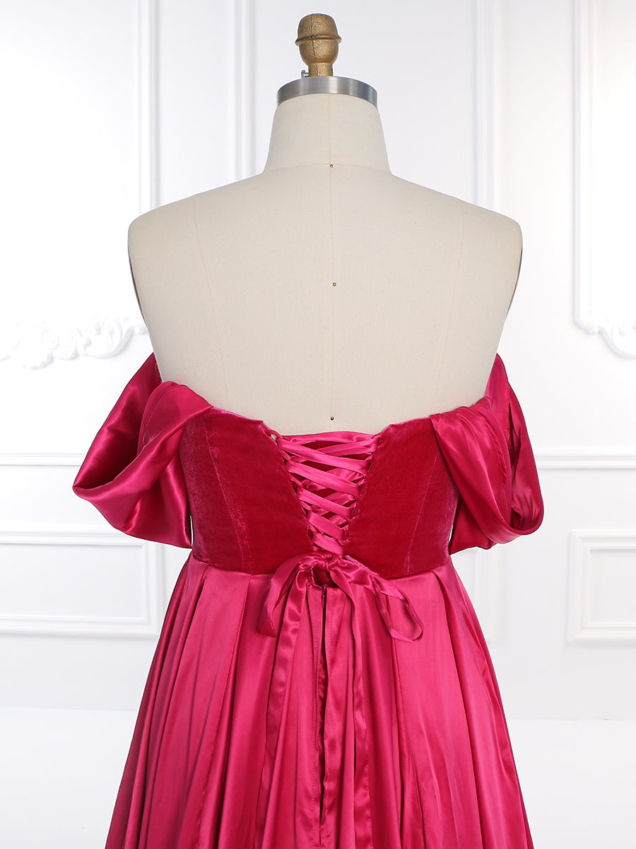 Short Sleeves, Off Shoulder ,Flowy Satin ,Prom Dress,  Photoshoot Dress