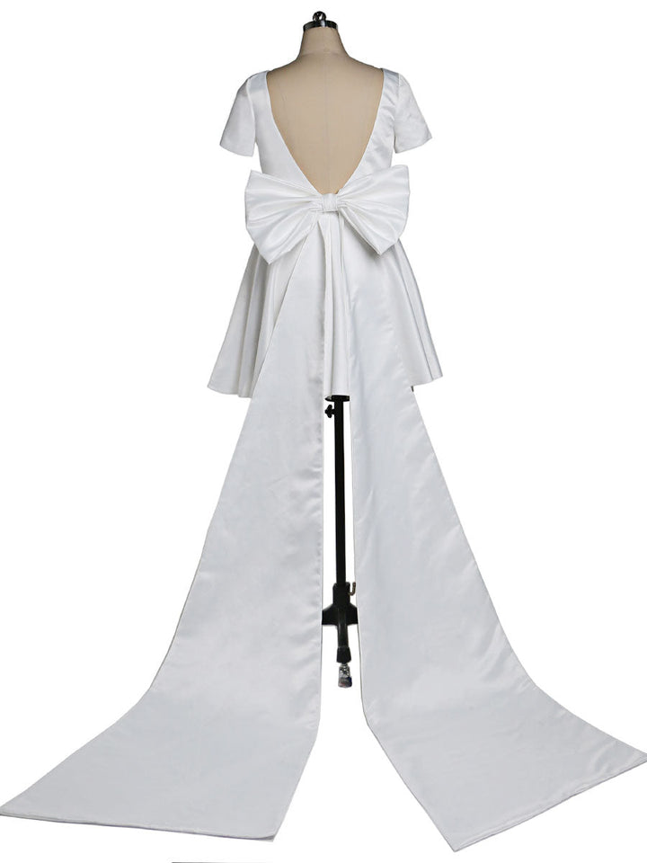 Elegantes Ballkleid mit großer Schleife und V-Ausschnitt, kurzärmelig, Partykleid, Hochzeitsgast, Brautjungfernkleid 
