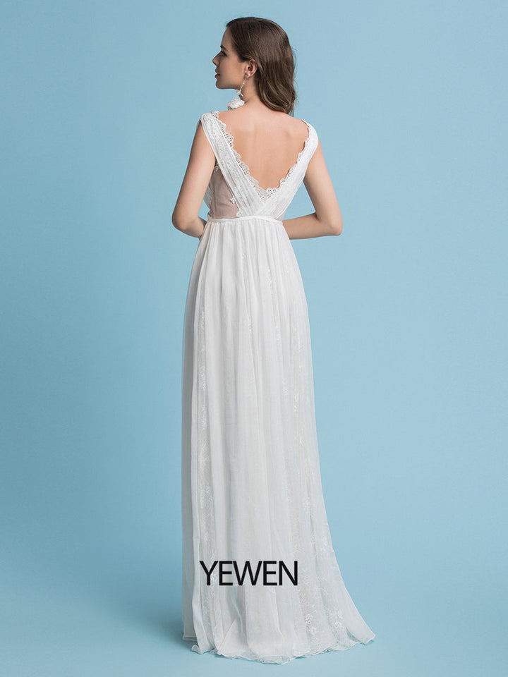 Bodenlanges Brautkleid aus Chiffon mit Blumenmuster und Spitze und Schleppe 