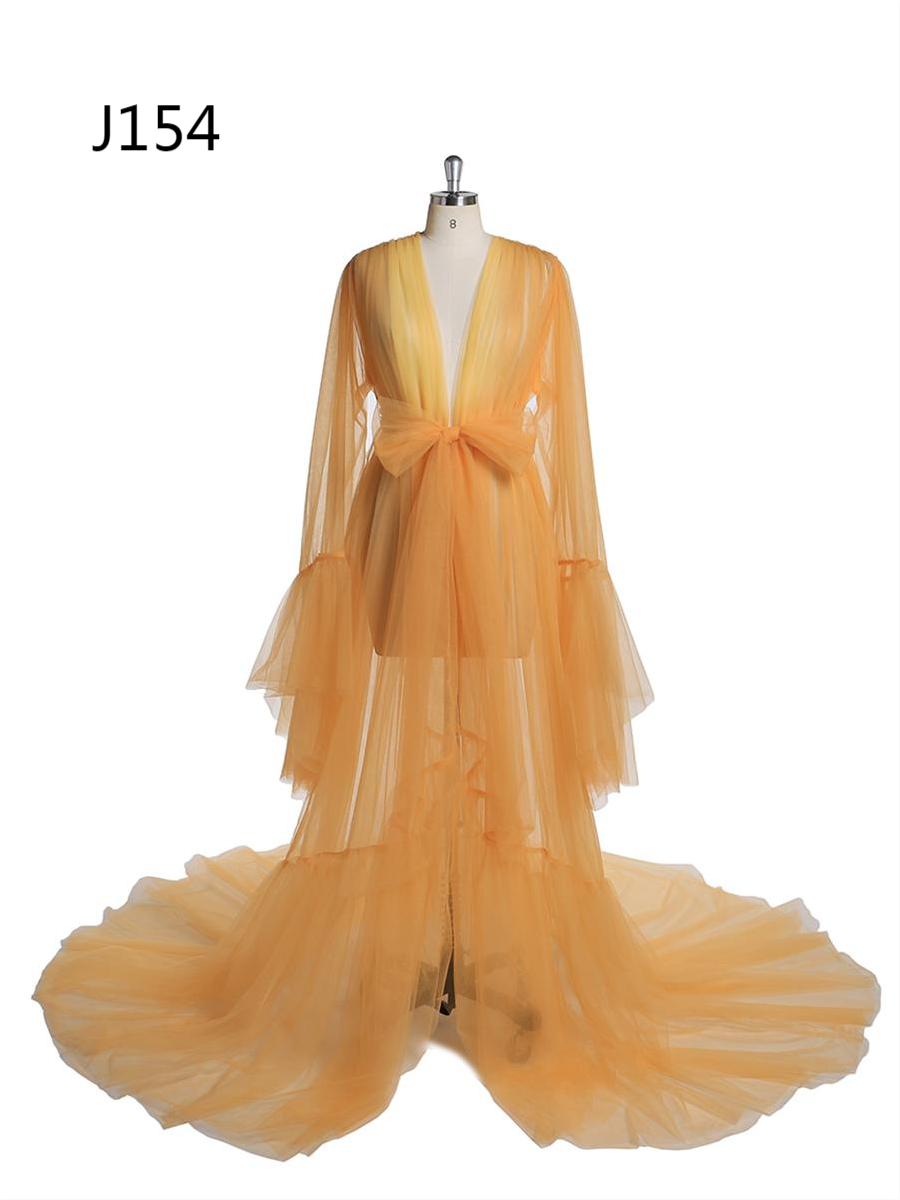 Elegantes V-Ausschnitt Umstands-Fotoshooting-Kleid Glockenärmel Sexy Maxikleid YW2055 