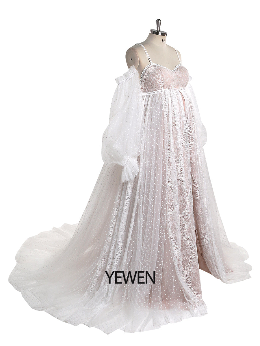 Gepunktetes Tüllkleid mit Spitze im Bohemian-Stil für Fotoshootings, langärmliges Umstandsbrautkleid YW220107-1