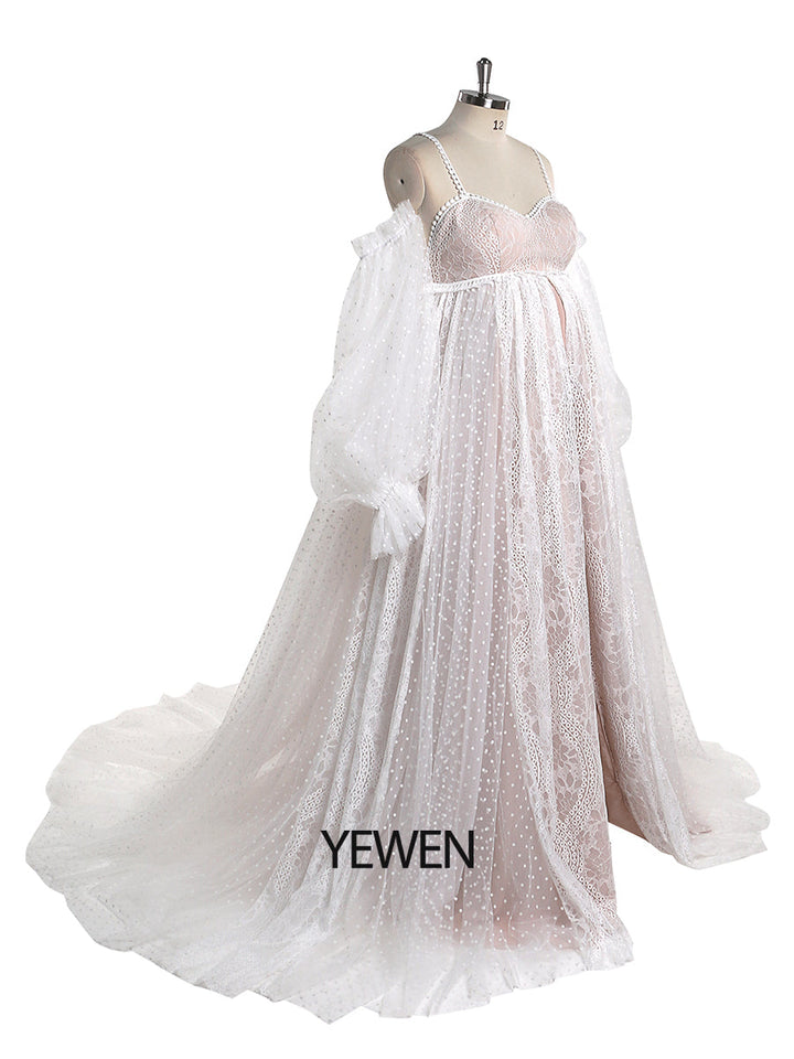 Gepunktetes Tüllkleid mit Spitze im Bohemian-Stil für Fotoshootings, langärmliges Umstandsbrautkleid YW220107-1
