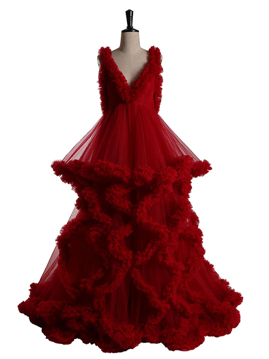 Rüschen Tüllkleid Elegante ärmellose Umstandskleider für Fotoshooting