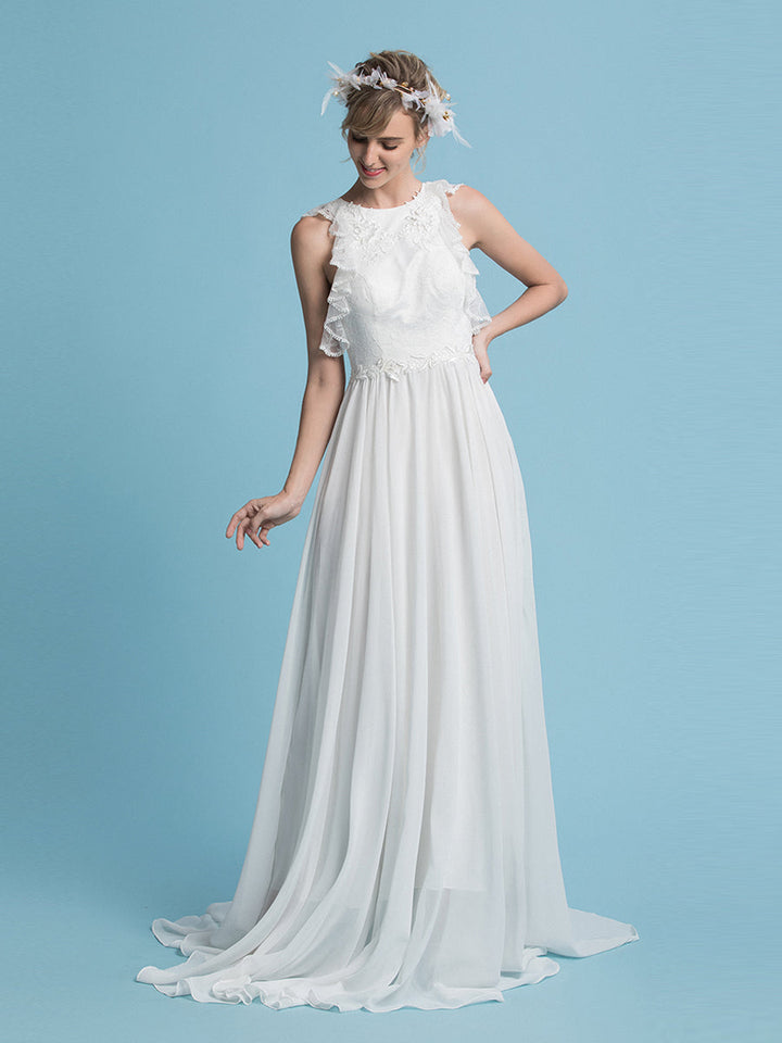 Romantisches Boho Brautkleid Chiffon Sommer Brautkleid Sweep Train 