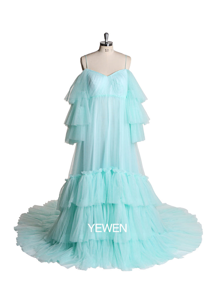 Elegantes Umstandskleid in Übergröße mit Rüschen und langen Ärmeln, Brautkleid, Hochzeitskleid für Fotoshooting 