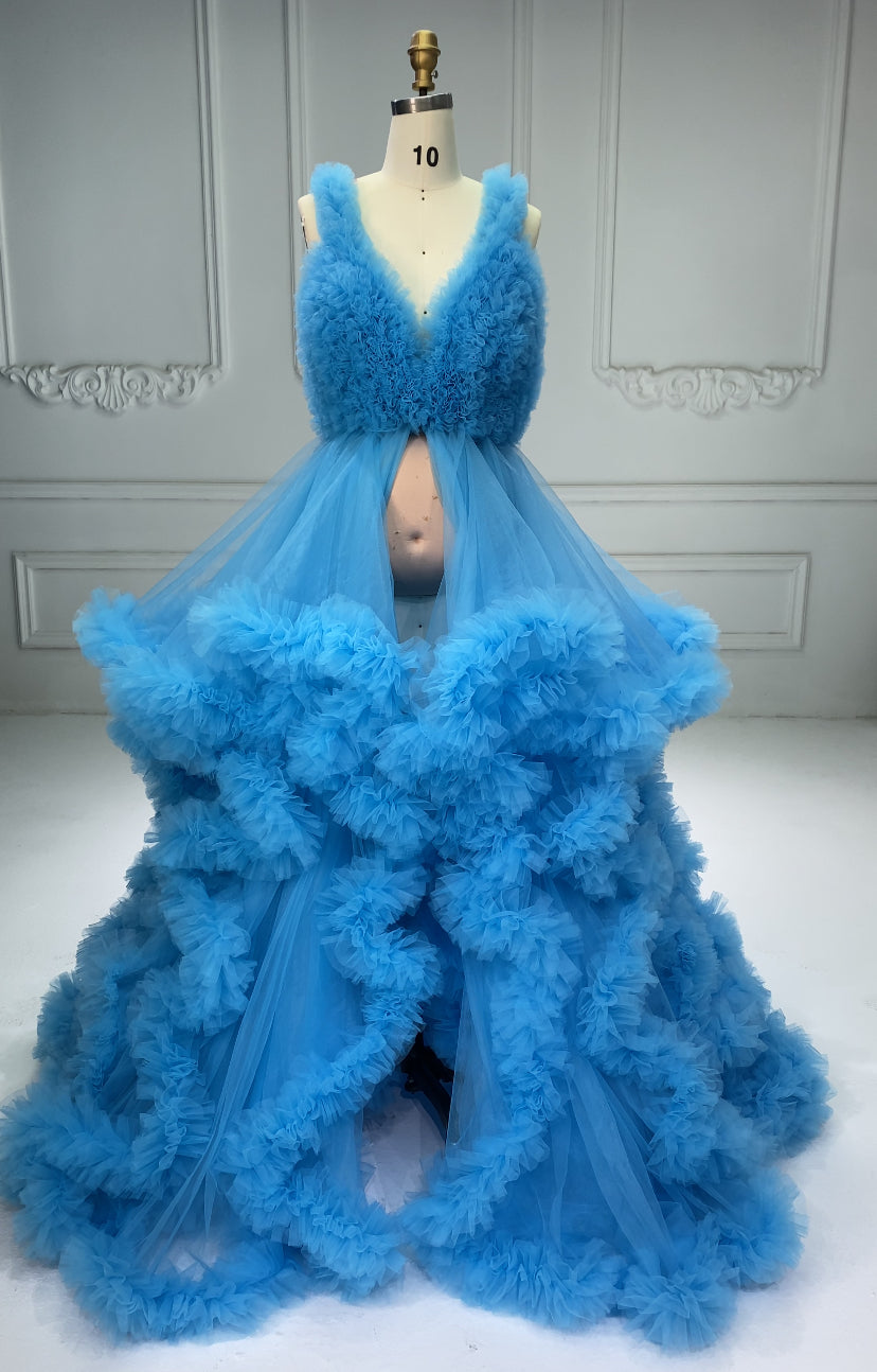 V-Ausschnitt Tüll Volle Rüschen Rückenfreies Wolkenkleid Umstandskleid für Fotoshooting YW243132 