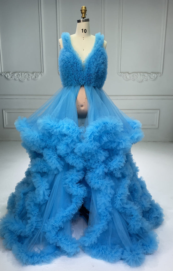 V-Ausschnitt Tüll Volle Rüschen Rückenfreies Wolkenkleid Umstandskleid für Fotoshooting YW243132 