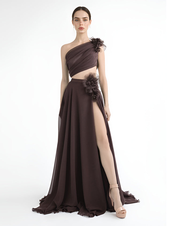 One-Shoulder-Top mit Rock, hoher Beinschlitz, Party-Outfit, Hochzeitsgastkleid 