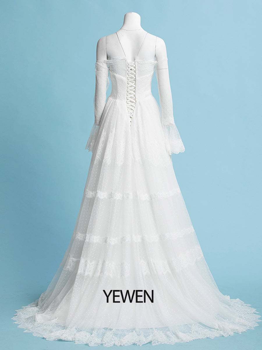 Off the Shoulder Romantisches Bohemian Brautkleid Lange Ärmel Strandhochzeit Brautkleid 