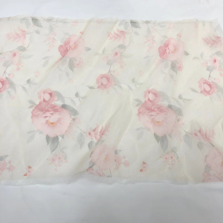 Umstandskleid Fotoshooting Print Blumenmuster Seide Weicher Organza Schulterfreies Maxikleid mit Schleppe YW230305 
