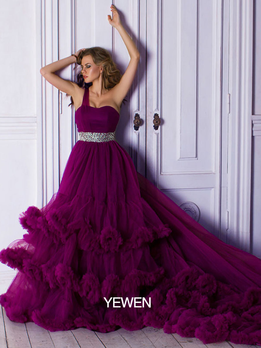 Benutzerdefinierte Farbe One Shoulder Rückenfrei Rüschen Elegantes Umstandskleid Hochzeitskleid 