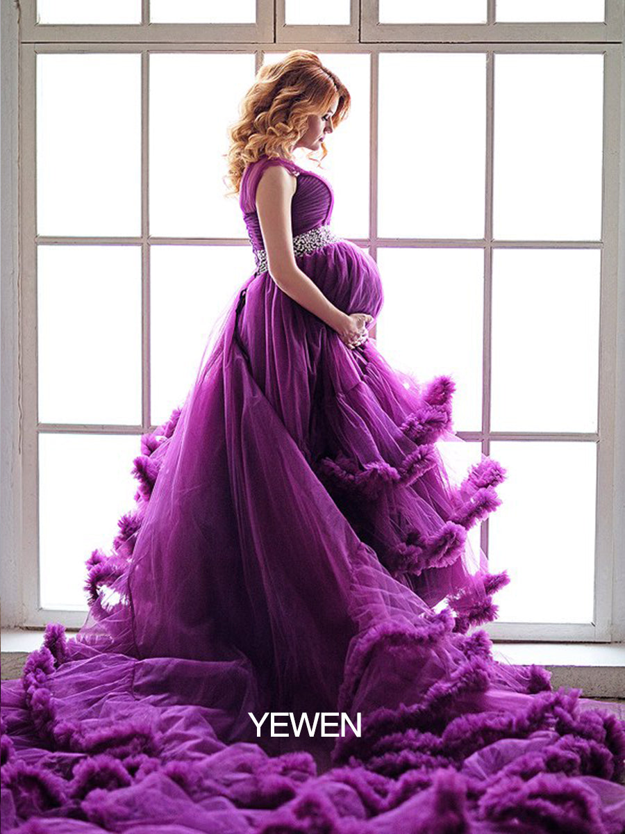 Benutzerdefinierte Farbe One Shoulder Rückenfrei Rüschen Elegantes Umstandskleid Hochzeitskleid 