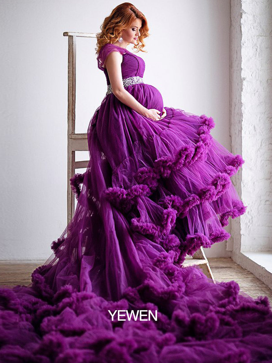 Benutzerdefinierte Farbe One Shoulder Rückenfrei Rüschen Elegantes Umstandskleid Hochzeitskleid 