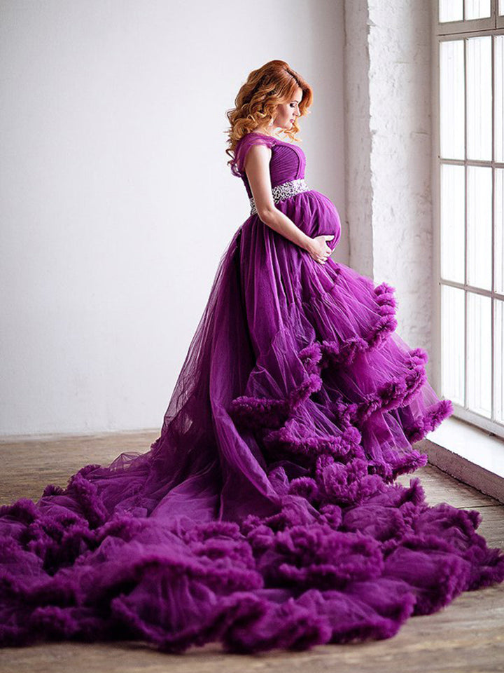 Benutzerdefinierte Farbe One Shoulder Rückenfrei Rüschen Elegantes Umstandskleid Hochzeitskleid 
