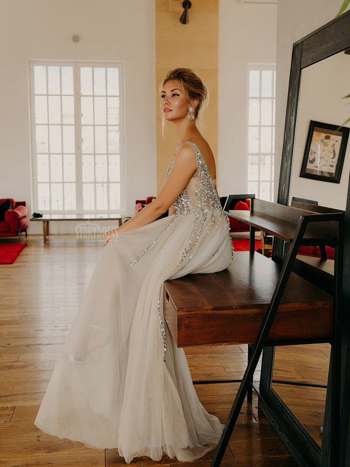 V-Neck Beaded Evening Dresses Prom Dress Elegant Sleeveless Maxi Dress Photo Shoot Dress