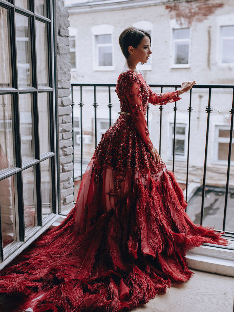 Straußenhaar Luxus Langarm Pailletten Gold Kristall A-Linie Abendkleid Fotoshooting 