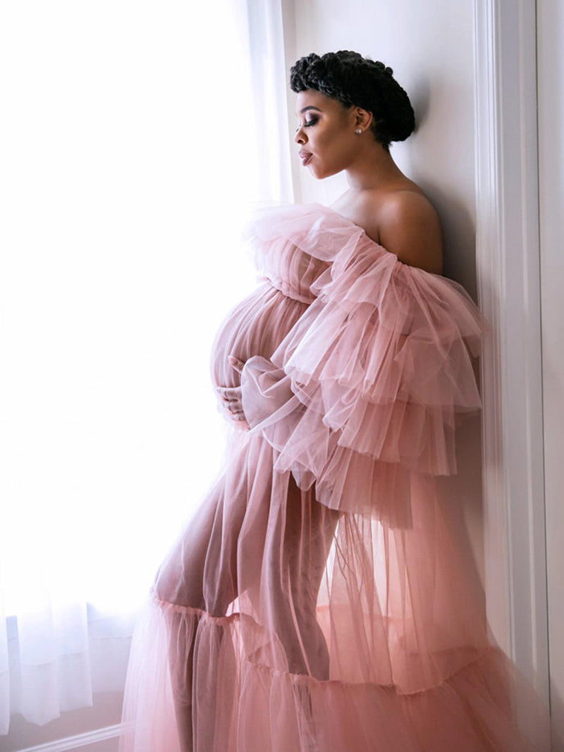 Schulterfreies, durchsichtiges Maxikleid mit Rüschen in Übergröße, Umstandskleid für Fotoshootings