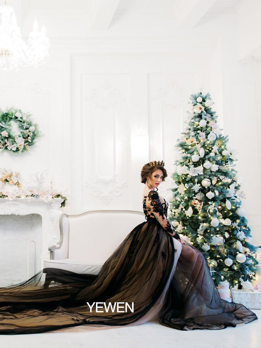 Abendkleid mit langen Ärmeln, 1 m Schleppe, Spitze, Übergröße, Umstandskleid für Fotoshootings, YW21024 